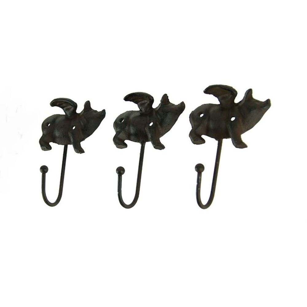 Set of 3 Flying Pig Rustic Finish Cast Iron Wall Hooks